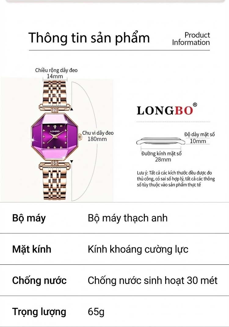 Đồng Hồ Nữ Longbo Mặt Vuông Nhỏ Dây Kim Loại Phong Cách Tối Giản Màu Vàng Hồng, Đỏ, Tím, Trắng... chi tiết 11