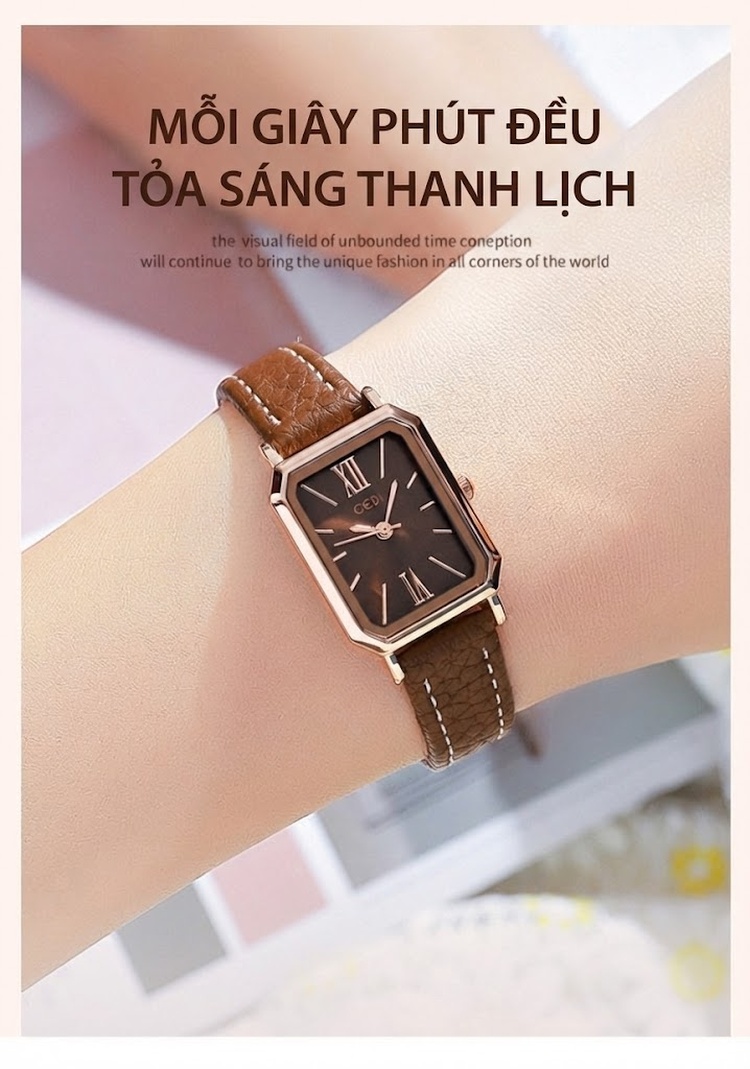 Đồng Hồ Nữ Mặt Chữ Nhật Dây Da Kiểu Dáng Hàn Quốc Thanh Lịch Màu Nâu, Xanh Lá, Hồng, Vàng Kem chi tiết 1