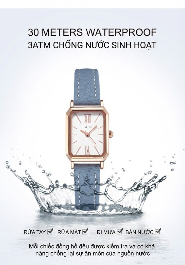 Đồng Hồ Nữ Mặt Chữ Nhật Dây Da Kiểu Dáng Hàn Quốc Thanh Lịch Màu Nâu, Xanh Lá, Hồng, Vàng Kem chi tiết 11