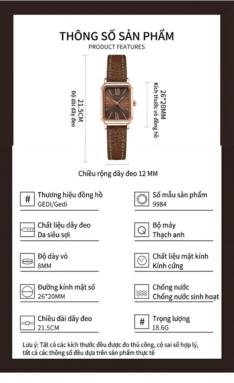 Đồng Hồ Nữ Mặt Chữ Nhật Dây Da Kiểu Dáng Hàn Quốc Thanh Lịch Màu Nâu, Xanh Lá, Hồng, Vàng Kem chi tiết 12