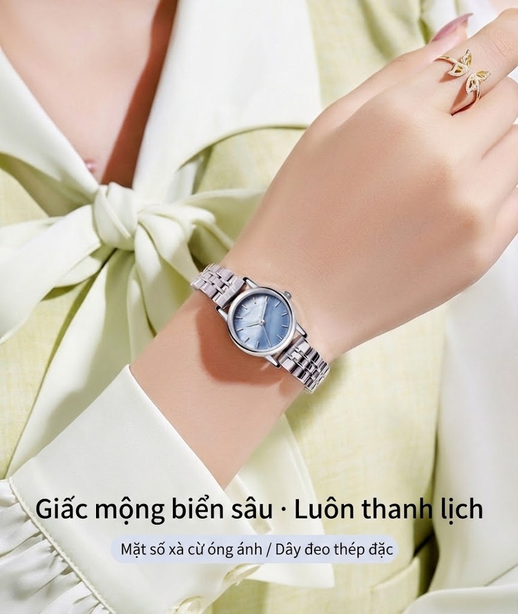 Đồng Hồ Nữ Mặt Khảm Trai Dây Kim Loại Phong Cách Thời Trang Màu Vàng, Bạc, Xanh chi tiết 2