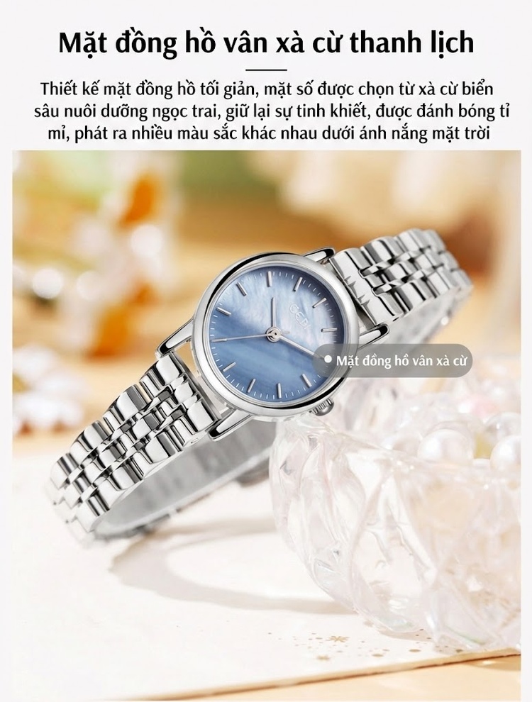 Đồng Hồ Nữ Mặt Khảm Trai Dây Kim Loại Phong Cách Thời Trang Màu Vàng, Bạc, Xanh chi tiết 3