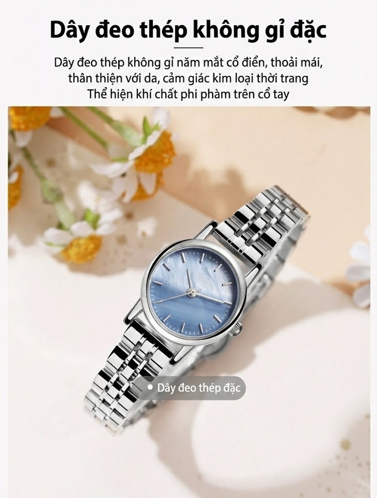 Đồng Hồ Nữ Mặt Khảm Trai Dây Kim Loại Phong Cách Thời Trang Màu Vàng, Bạc, Xanh chi tiết 4