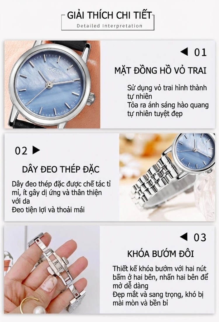 Đồng Hồ Nữ Mặt Khảm Trai Dây Kim Loại Phong Cách Thời Trang Màu Vàng, Bạc, Xanh chi tiết 8