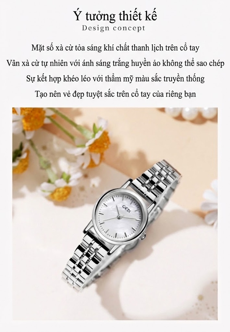 Đồng Hồ Nữ Mặt Khảm Trai Dây Kim Loại Phong Cách Thời Trang Màu Vàng, Bạc, Xanh chi tiết 9
