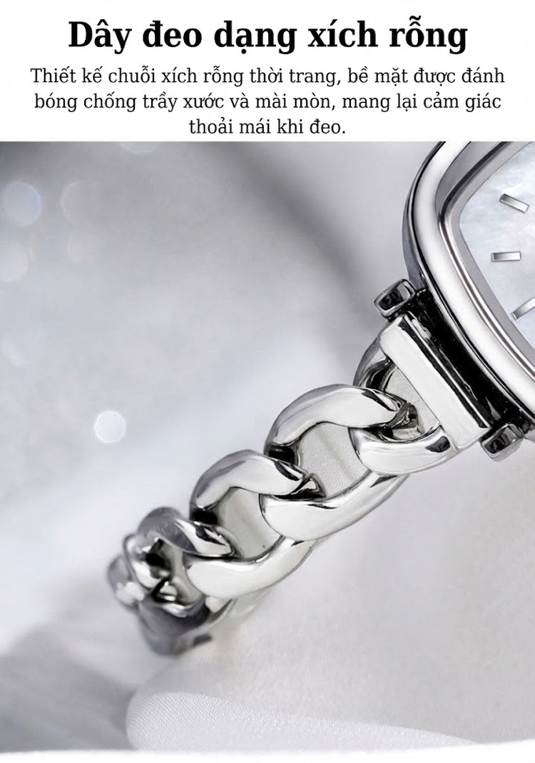 Đồng Hồ Nữ Mặt Oval Dây Xích Cao Cấp Mặt Số Xà Cừ Màu Hồng, Trắng, Xanh chi tiết 3
