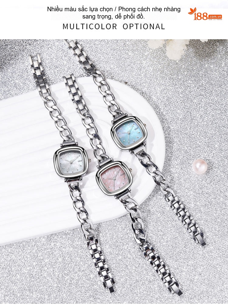 Đồng Hồ Nữ Mặt Oval Dây Xích Cao Cấp Mặt Số Xà Cừ Màu Hồng, Trắng, Xanh chi tiết 4