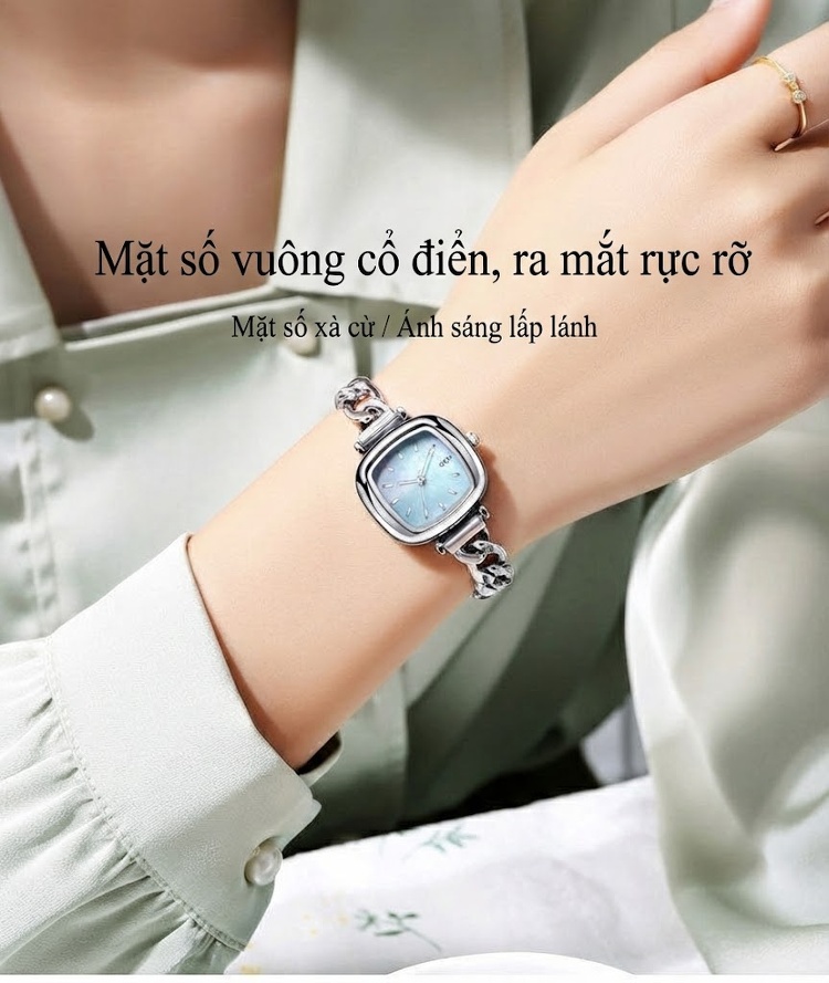 Đồng Hồ Nữ Mặt Oval Dây Xích Cao Cấp Mặt Số Xà Cừ Màu Hồng, Trắng, Xanh chi tiết 1