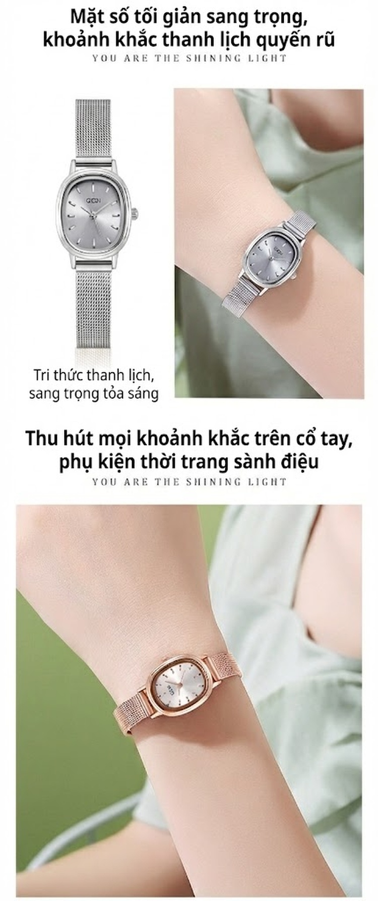 Đồng Hồ Nữ Mặt Oval Nhỏ Dây Thép Không Gỉ Chống Nước Phong Cách Tối Giản Màu Bạc, Xanh Lá, Vàng Hồng chi tiết 6