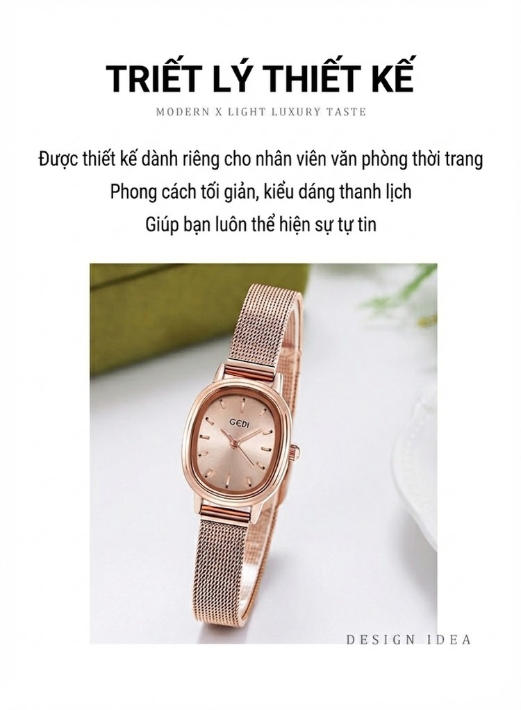 Đồng Hồ Nữ Mặt Oval Nhỏ Dây Thép Không Gỉ Chống Nước Phong Cách Tối Giản Màu Bạc, Xanh Lá, Vàng Hồng chi tiết 3