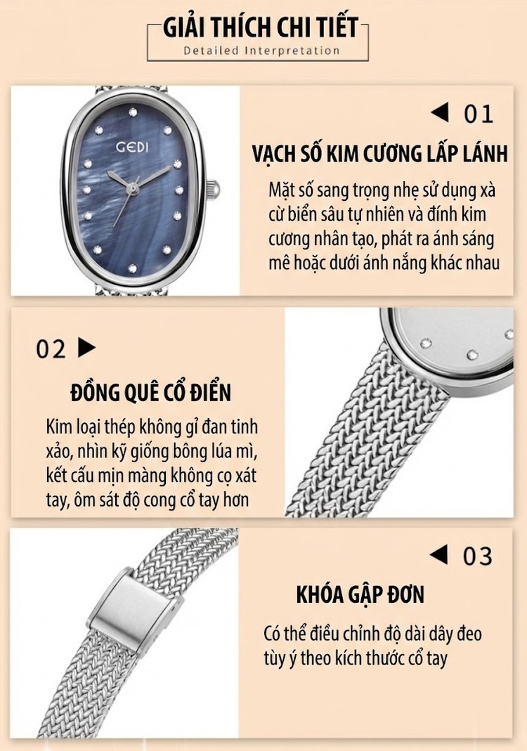 Đồng Hồ Nữ Mặt Vân Đá Thạch Anh Cao Cấp Chống Nước Dây Kim Loại Màu Bạc, Vàng, Hồng Vàng, Xanh chi tiết 2