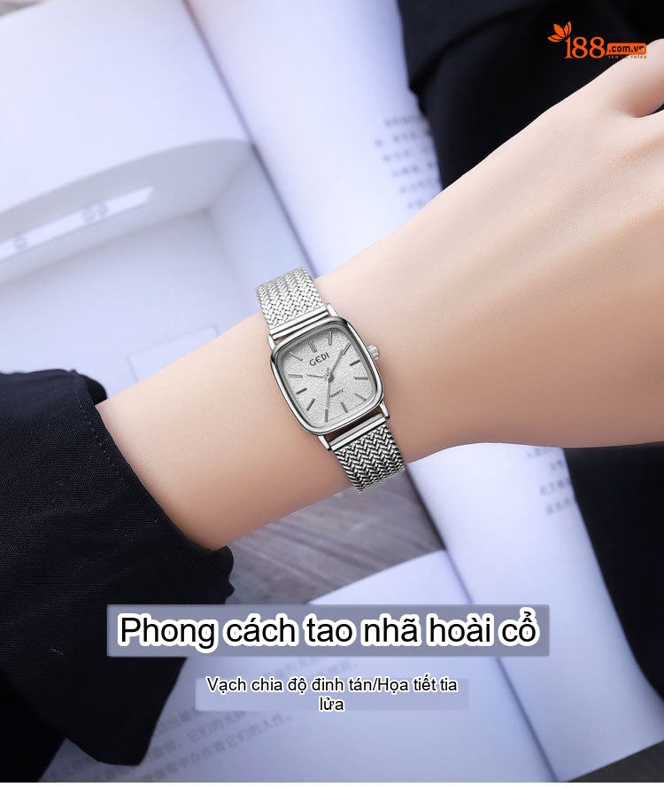 Đồng Hồ Nữ Mặt Vân Lửa Dây Lưới Cao Cấp Chống Nước Màu Vàng, Bạc chi tiết 1
