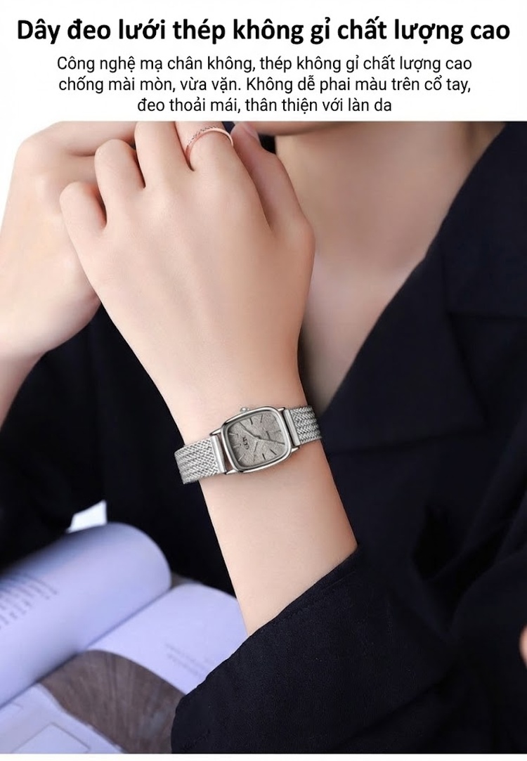 Đồng Hồ Nữ Mặt Vân Lửa Dây Lưới Cao Cấp Chống Nước Màu Vàng, Bạc chi tiết 3