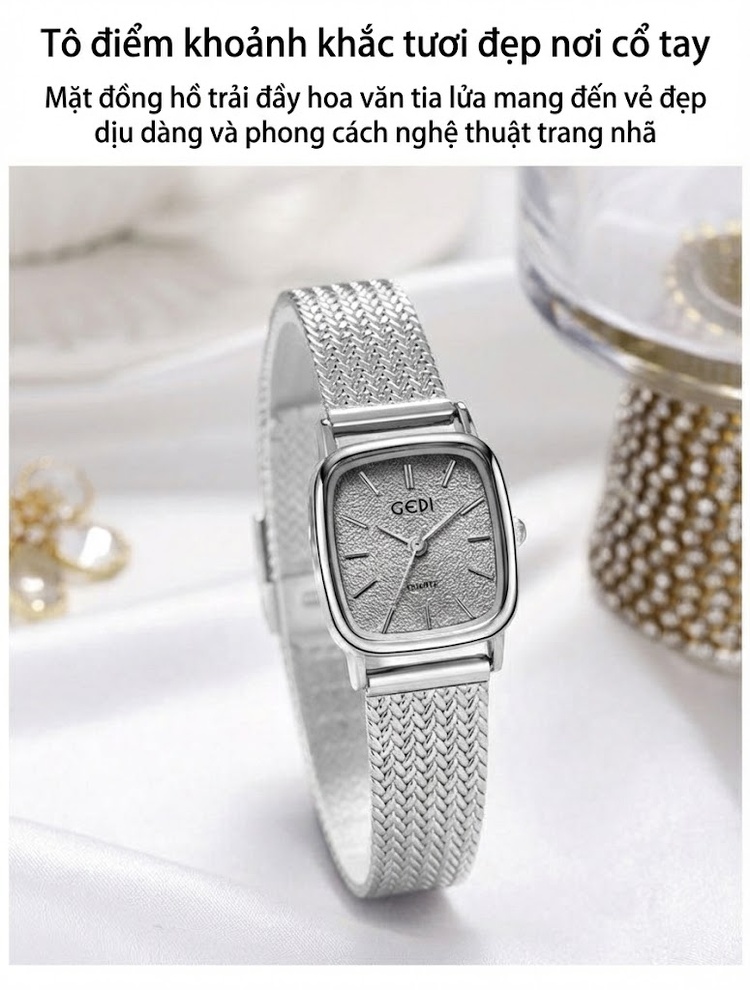 Đồng Hồ Nữ Mặt Vân Lửa Dây Lưới Cao Cấp Chống Nước Màu Vàng, Bạc chi tiết 8