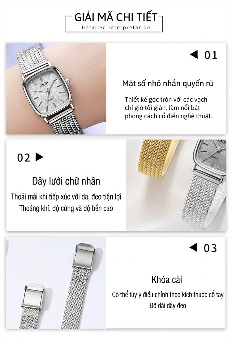 Đồng Hồ Nữ Mặt Vân Lửa Dây Lưới Cao Cấp Chống Nước Màu Vàng, Bạc chi tiết 7