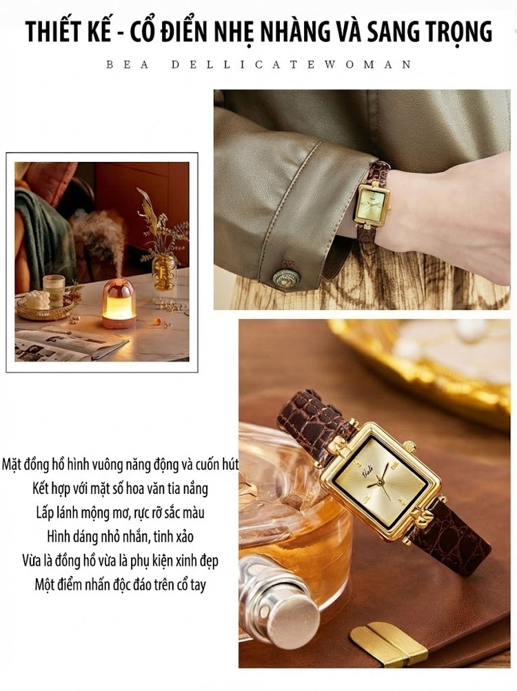 Đồng Hồ Nữ Mặt Vuông Cao Cấp Dây Da Thật Chống Nước Màu Vàng Gold, Nâu, Đen chi tiết 2