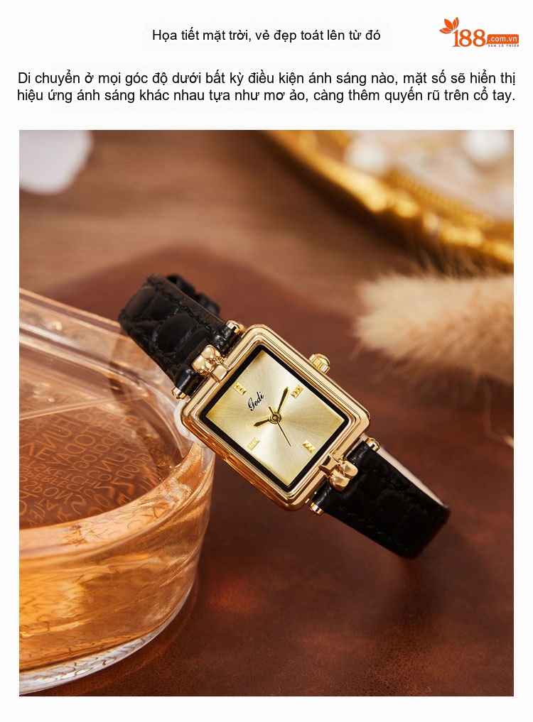 Đồng Hồ Nữ Mặt Vuông Cao Cấp Dây Da Thật Chống Nước Màu Vàng Gold, Nâu, Đen chi tiết 4