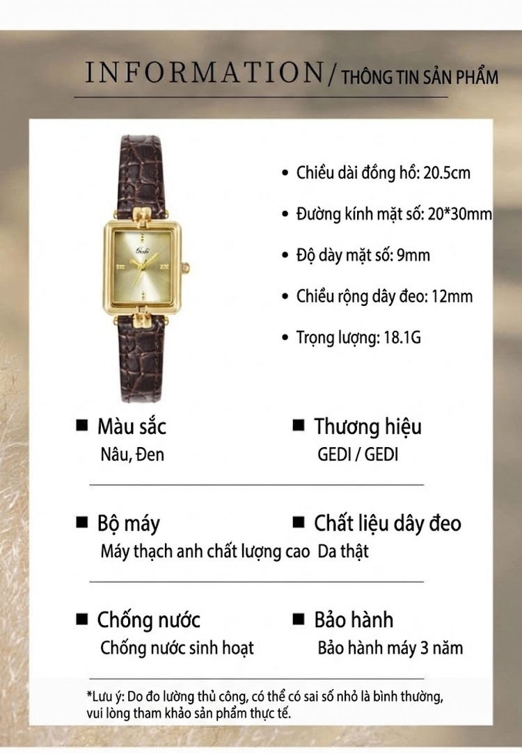 Đồng Hồ Nữ Mặt Vuông Cao Cấp Dây Da Thật Chống Nước Màu Vàng Gold, Nâu, Đen chi tiết 9