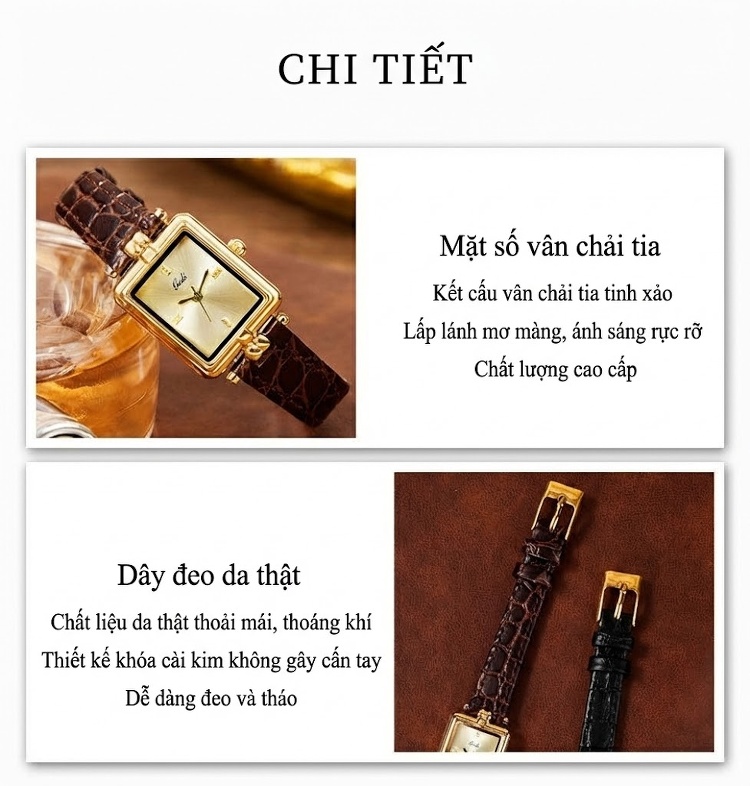 Đồng Hồ Nữ Mặt Vuông Cao Cấp Dây Da Thật Chống Nước Màu Vàng Gold, Nâu, Đen chi tiết 10