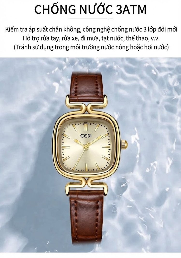 Đồng Hồ Nữ Mặt Vuông Da Thật Chống Nước Dây Da Đen, Nâu chi tiết 6