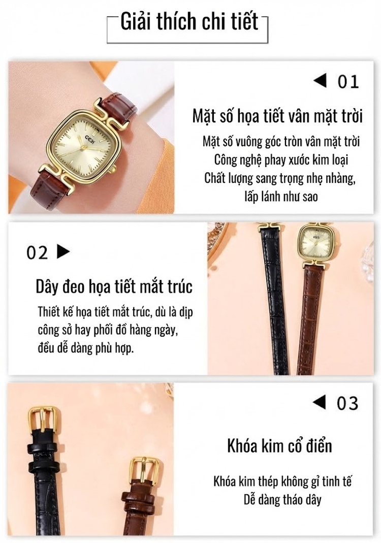 Đồng Hồ Nữ Mặt Vuông Da Thật Chống Nước Dây Da Đen, Nâu chi tiết 7