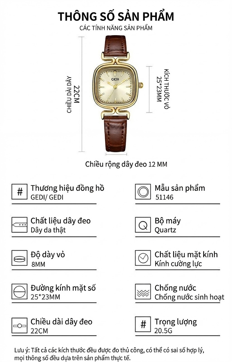 Đồng Hồ Nữ Mặt Vuông Da Thật Chống Nước Dây Da Đen, Nâu chi tiết 5
