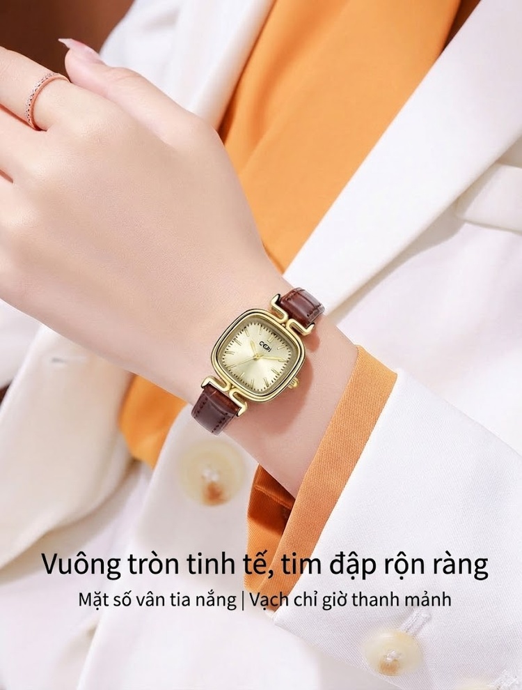 Đồng Hồ Nữ Mặt Vuông Da Thật Chống Nước Dây Da Đen, Nâu chi tiết 1