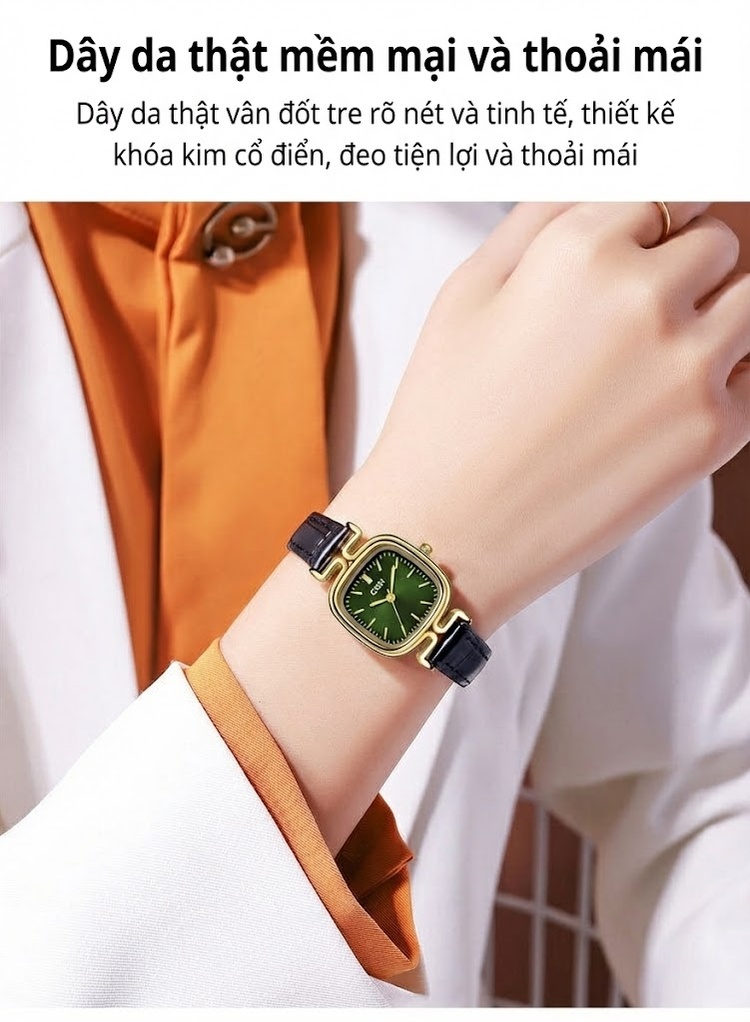 Đồng Hồ Nữ Mặt Vuông Da Thật Chống Nước Dây Da Đen, Nâu chi tiết 3