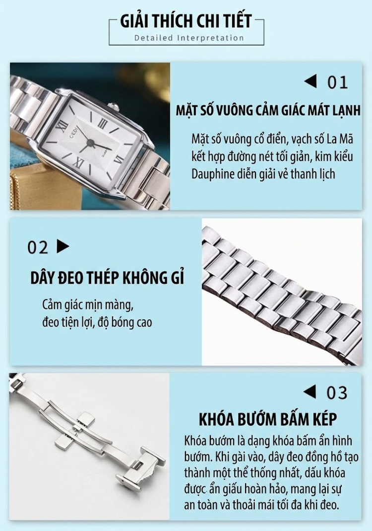 Đồng Hồ Nữ Mặt Vuông Dây Thép Phong Cách Hàn Quốc Màu Bạc, Vàng Hồng chi tiết 3