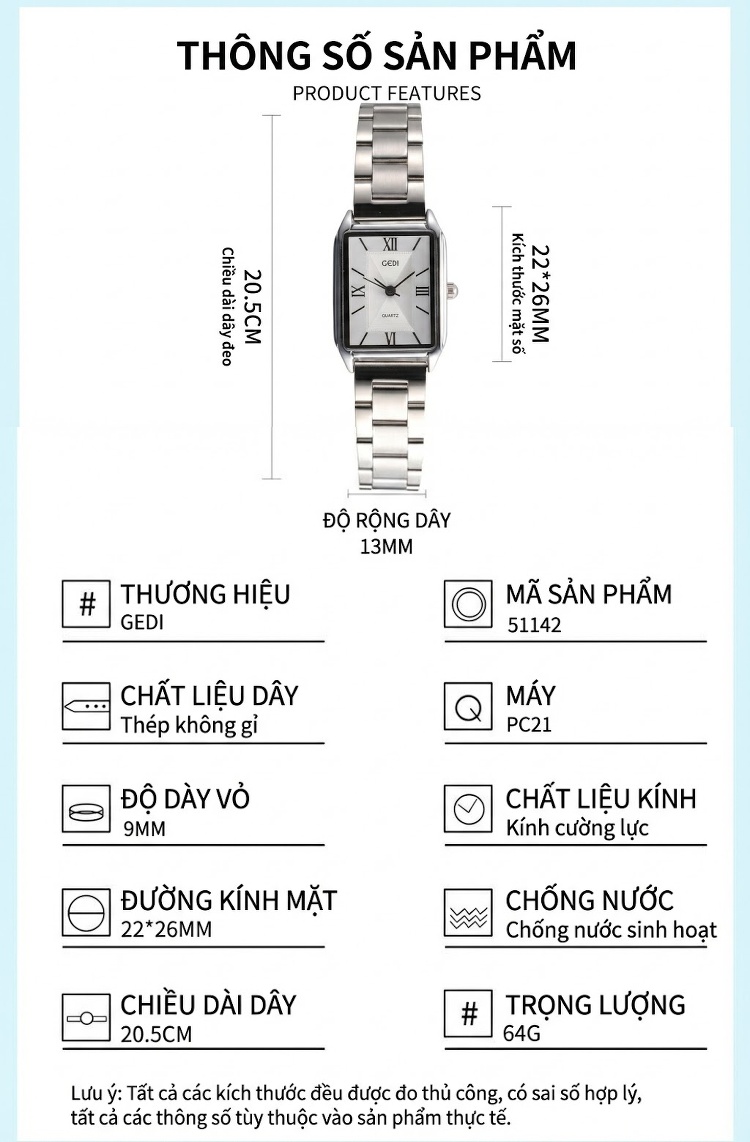 Đồng Hồ Nữ Mặt Vuông Dây Thép Phong Cách Hàn Quốc Màu Bạc, Vàng Hồng chi tiết 5
