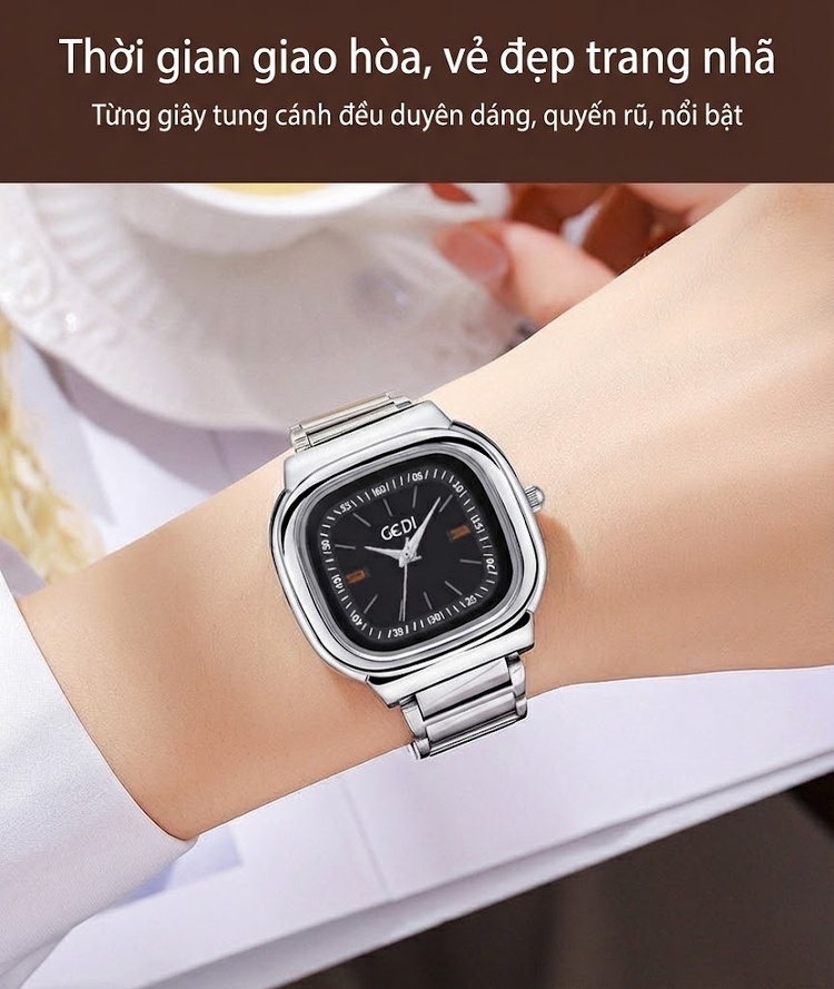 Đồng Hồ Nữ Mặt Vuông GEDI Dây Kim Loại Chống Nước Phong Cách Tối Giản Màu Bạc, Vàng, Hồng... chi tiết 6
