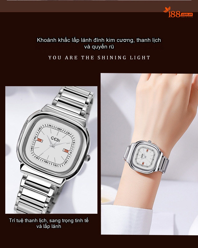 Đồng Hồ Nữ Mặt Vuông GEDI Dây Kim Loại Chống Nước Phong Cách Tối Giản Màu Bạc, Vàng, Hồng... chi tiết 8