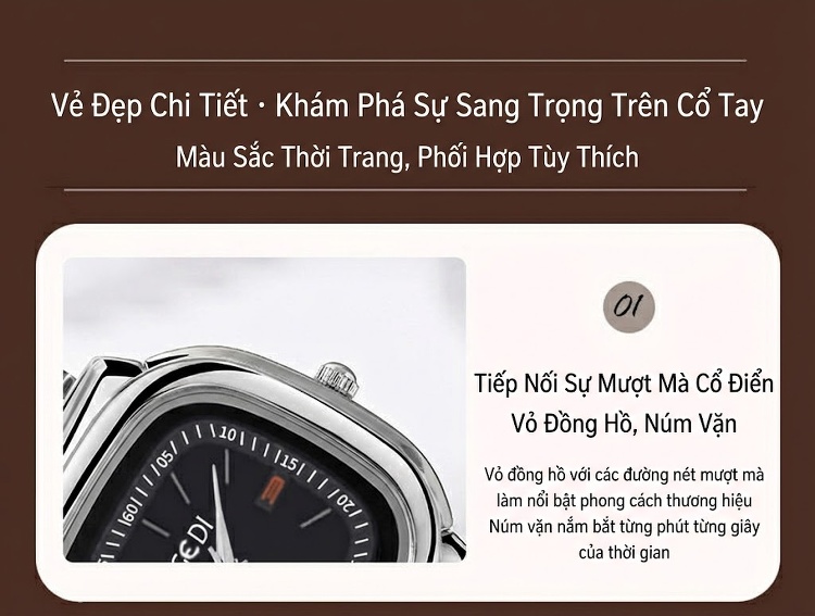 Đồng Hồ Nữ Mặt Vuông GEDI Dây Kim Loại Chống Nước Phong Cách Tối Giản Màu Bạc, Vàng, Hồng... chi tiết 14