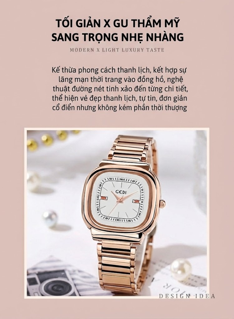 Đồng Hồ Nữ Mặt Vuông GEDI Dây Kim Loại Chống Nước Phong Cách Tối Giản Màu Bạc, Vàng, Hồng... chi tiết 3