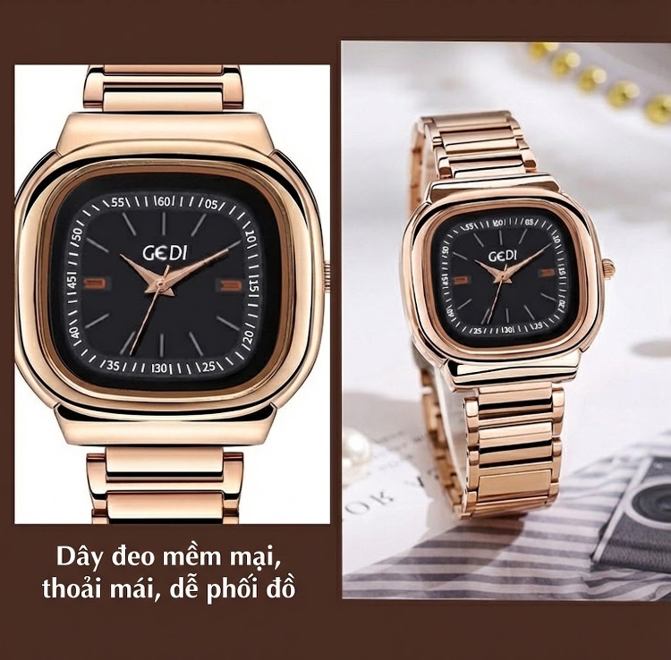 Đồng Hồ Nữ Mặt Vuông GEDI Dây Kim Loại Chống Nước Phong Cách Tối Giản Màu Bạc, Vàng, Hồng... chi tiết 5