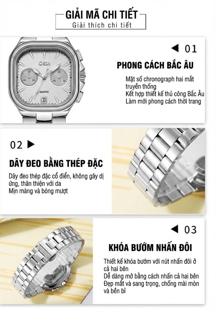 Đồng Hồ Nữ Mặt Vuông GEDI Dây Kim Loại Lịch Ngày Cao Cấp Màu Bạc, Hồng, Đen, Vàng... chi tiết 7