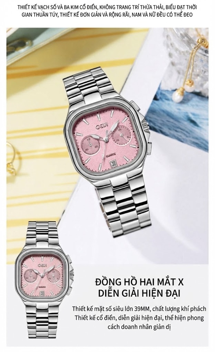 Đồng Hồ Nữ Mặt Vuông GEDI Dây Kim Loại Lịch Ngày Cao Cấp Màu Bạc, Hồng, Đen, Vàng... chi tiết 10
