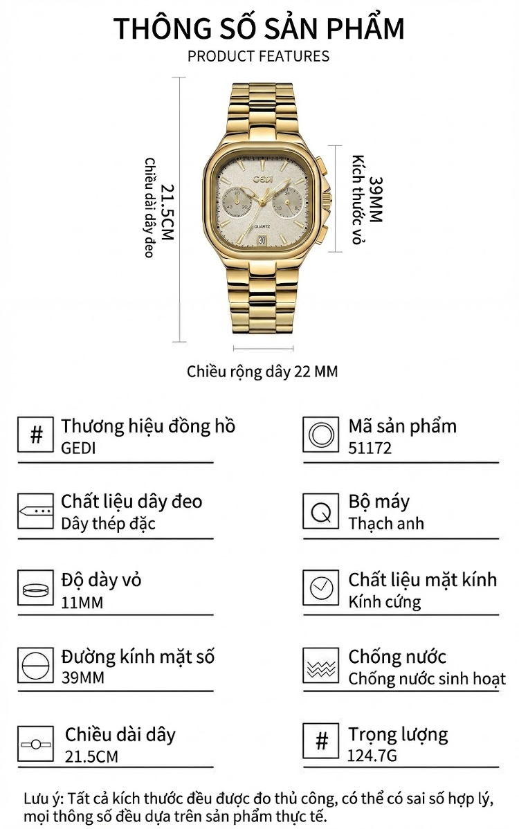 Đồng Hồ Nữ Mặt Vuông GEDI Dây Kim Loại Lịch Ngày Cao Cấp Màu Bạc, Hồng, Đen, Vàng... chi tiết 3