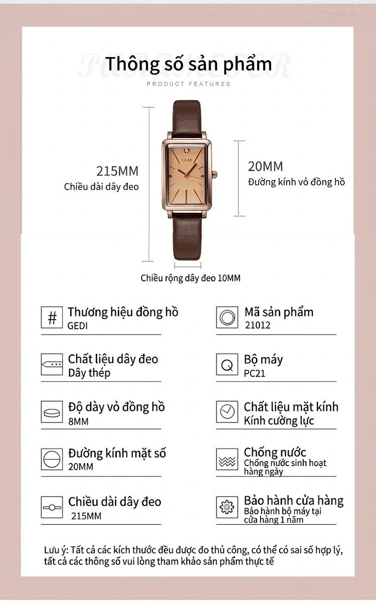 Đồng Hồ Nữ Mặt Vuông Nhỏ Dây Da Phong Cách Cổ Điển Màu Nâu, Xanh, Đỏ, Đen... chi tiết 10