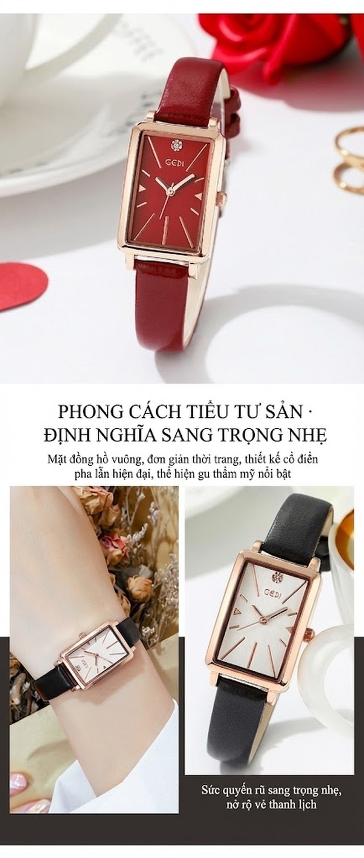 Đồng Hồ Nữ Mặt Vuông Nhỏ Dây Da Phong Cách Cổ Điển Màu Nâu, Xanh, Đỏ, Đen... chi tiết 6