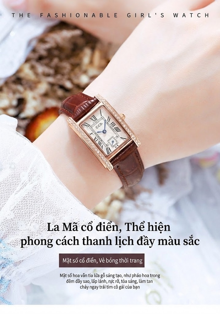 Đồng Hồ Nữ Mặt Vuông Phong Cách Cổ Điển Dây Da Bề Mặt Da Bóng Màu Nâu, Đỏ, Trắng... chi tiết 1