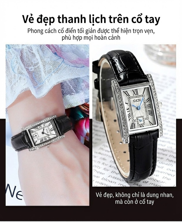 Đồng Hồ Nữ Mặt Vuông Phong Cách Cổ Điển Dây Da Bề Mặt Da Bóng Màu Nâu, Đỏ, Trắng... chi tiết 2