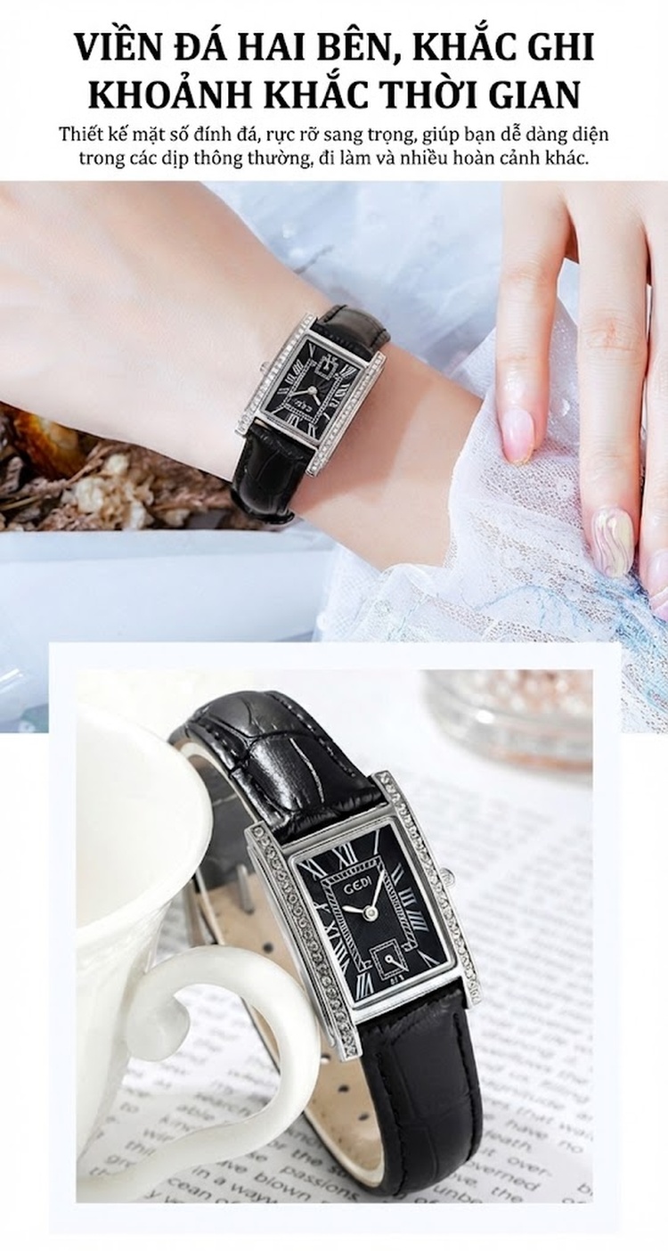 Đồng Hồ Nữ Mặt Vuông Phong Cách Cổ Điển Dây Da Bề Mặt Da Bóng Màu Nâu, Đỏ, Trắng... chi tiết 3