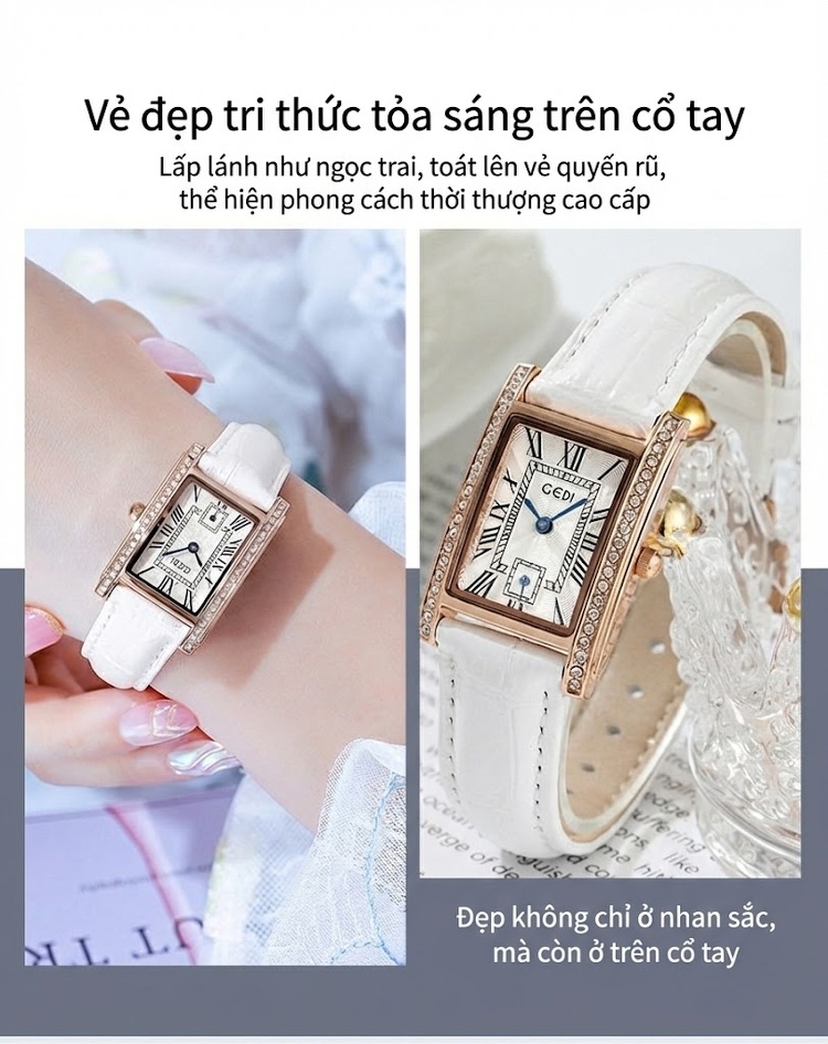 Đồng Hồ Nữ Mặt Vuông Phong Cách Cổ Điển Dây Da Bề Mặt Da Bóng Màu Nâu, Đỏ, Trắng... chi tiết 4