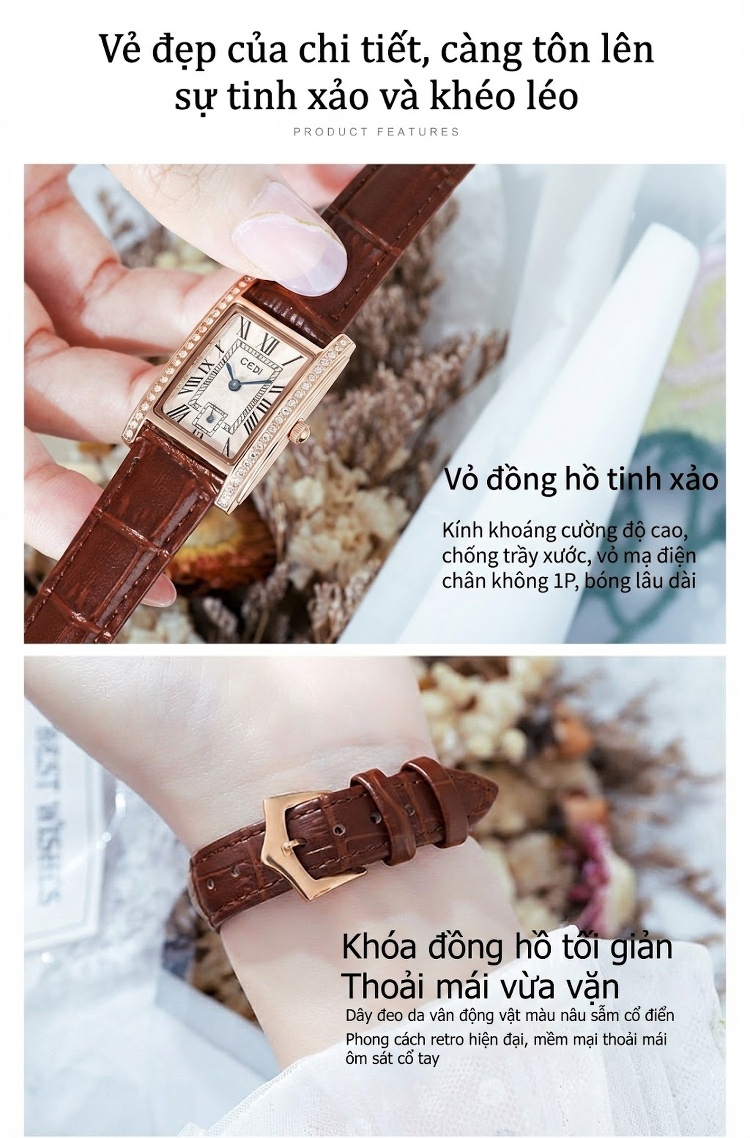 Đồng Hồ Nữ Mặt Vuông Phong Cách Cổ Điển Dây Da Bề Mặt Da Bóng Màu Nâu, Đỏ, Trắng... chi tiết 7