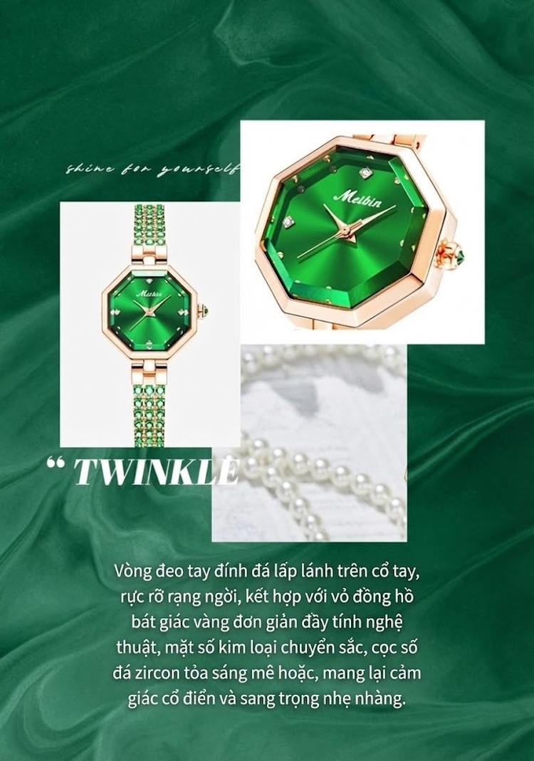 Đồng Hồ Nữ Meibin Mặt Bát Giác Dây Đính Đá Phong Cách Trang Sức Màu Vàng Hồng, Xanh Lá, Tím, Đỏ... chi tiết 2