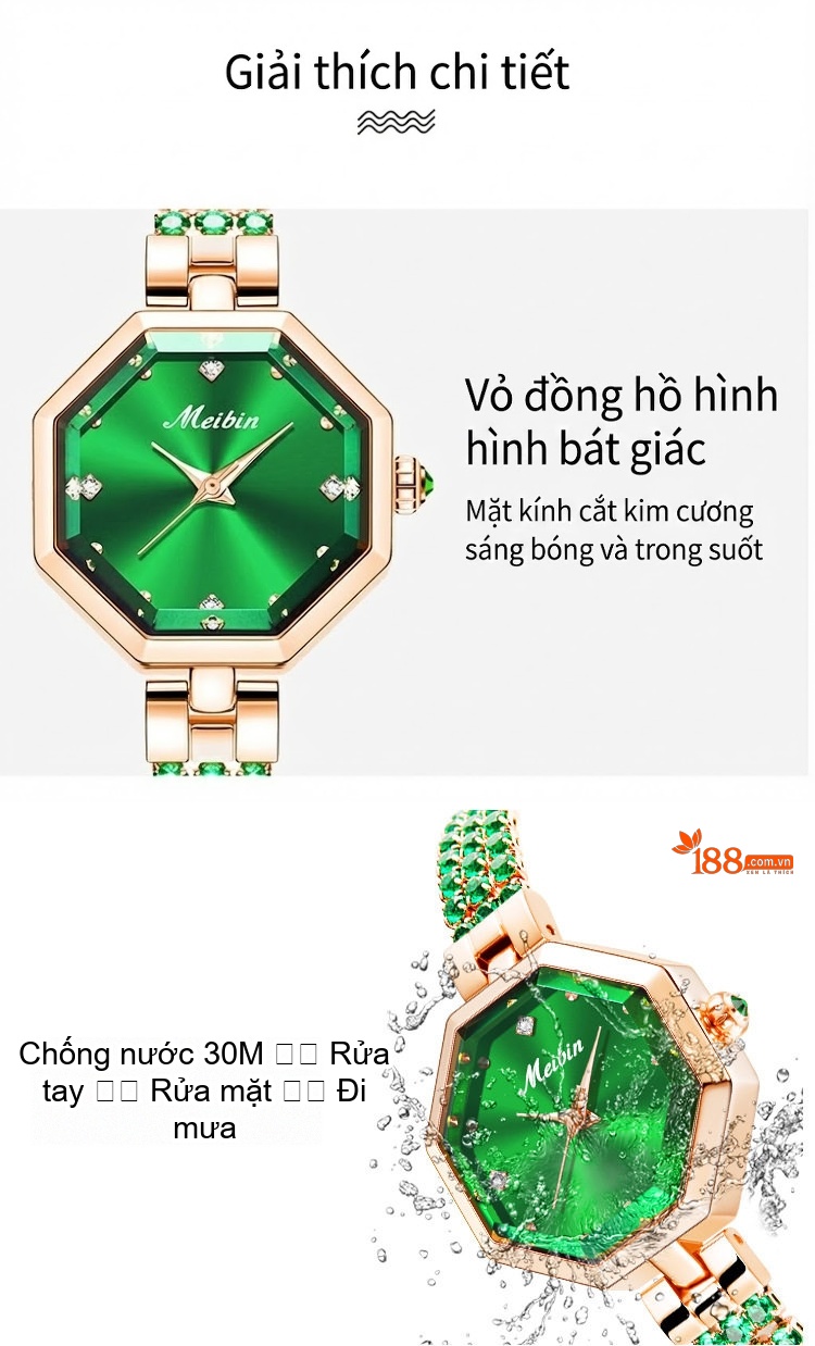 Đồng Hồ Nữ Meibin Mặt Bát Giác Dây Đính Đá Phong Cách Trang Sức Màu Vàng Hồng, Xanh Lá, Tím, Đỏ... chi tiết 12