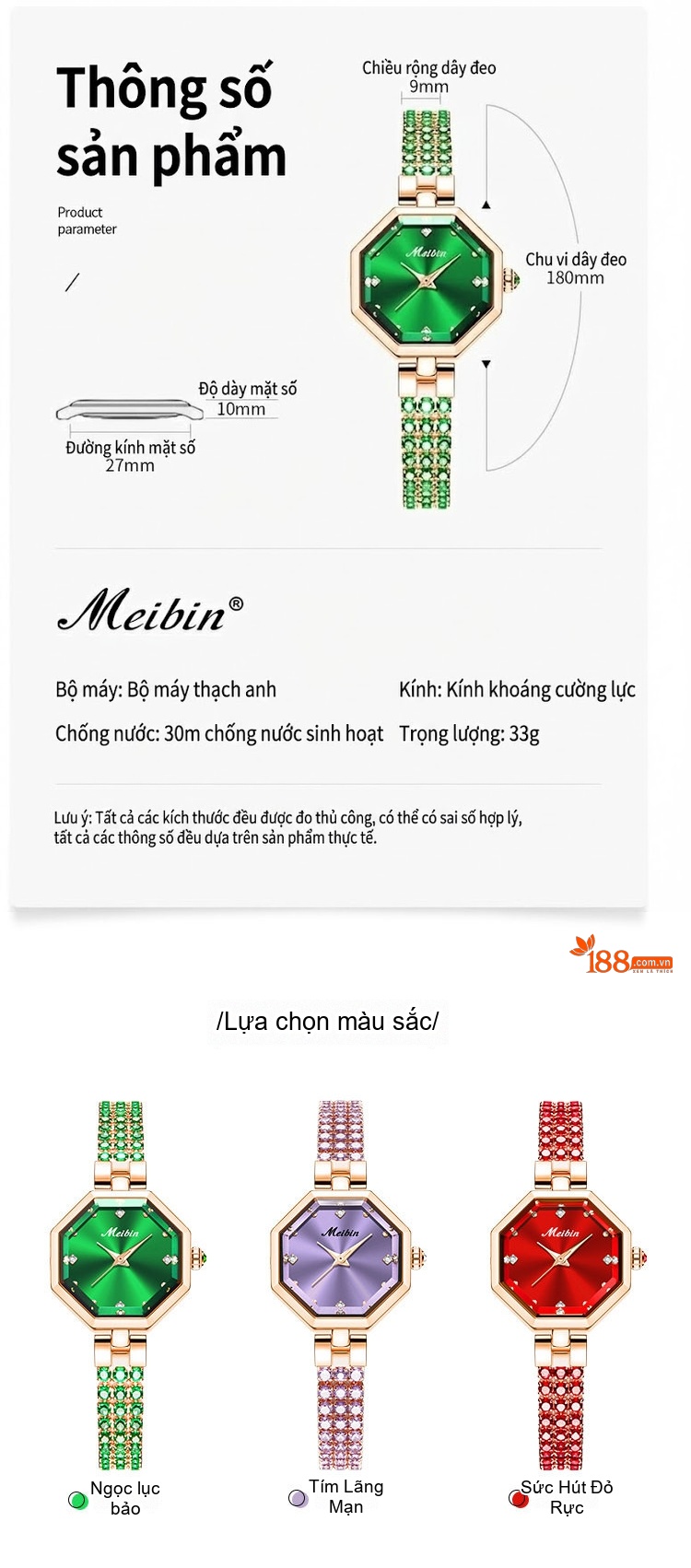 Đồng Hồ Nữ Meibin Mặt Bát Giác Dây Đính Đá Phong Cách Trang Sức Màu Vàng Hồng, Xanh Lá, Tím, Đỏ... chi tiết 14