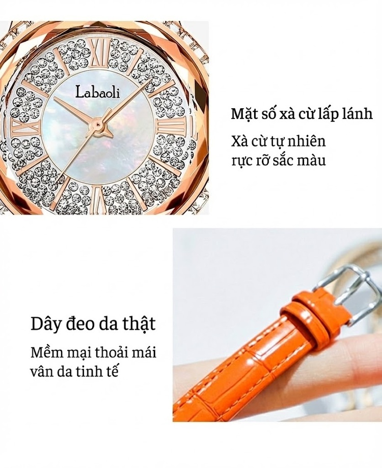 Đồng Hồ Nữ Thạch Anh Mặt Khảm Trai Đính Đá Phong Cách Ins Màu Cam, Đen chi tiết 9