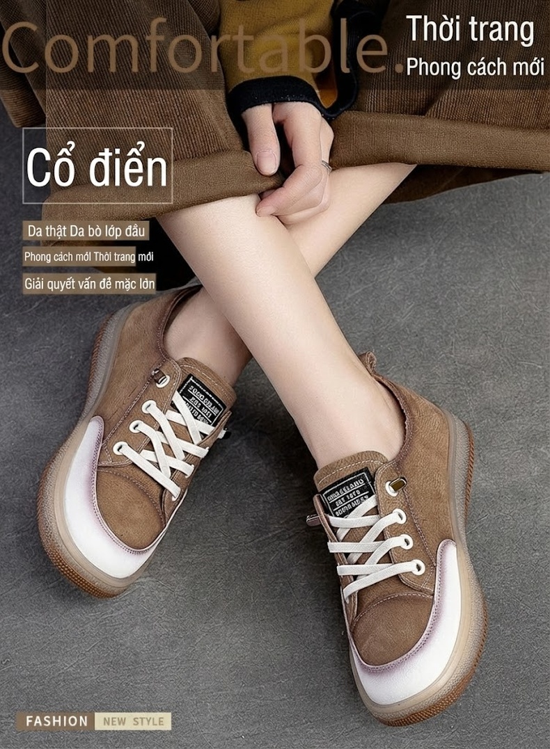 Giày Bệt Nữ Da Bò Cổ Thấp Có Dây Chiều Cao Đế Khoảng 2cm Màu Nâu, Đỏ, Kem chi tiết 1